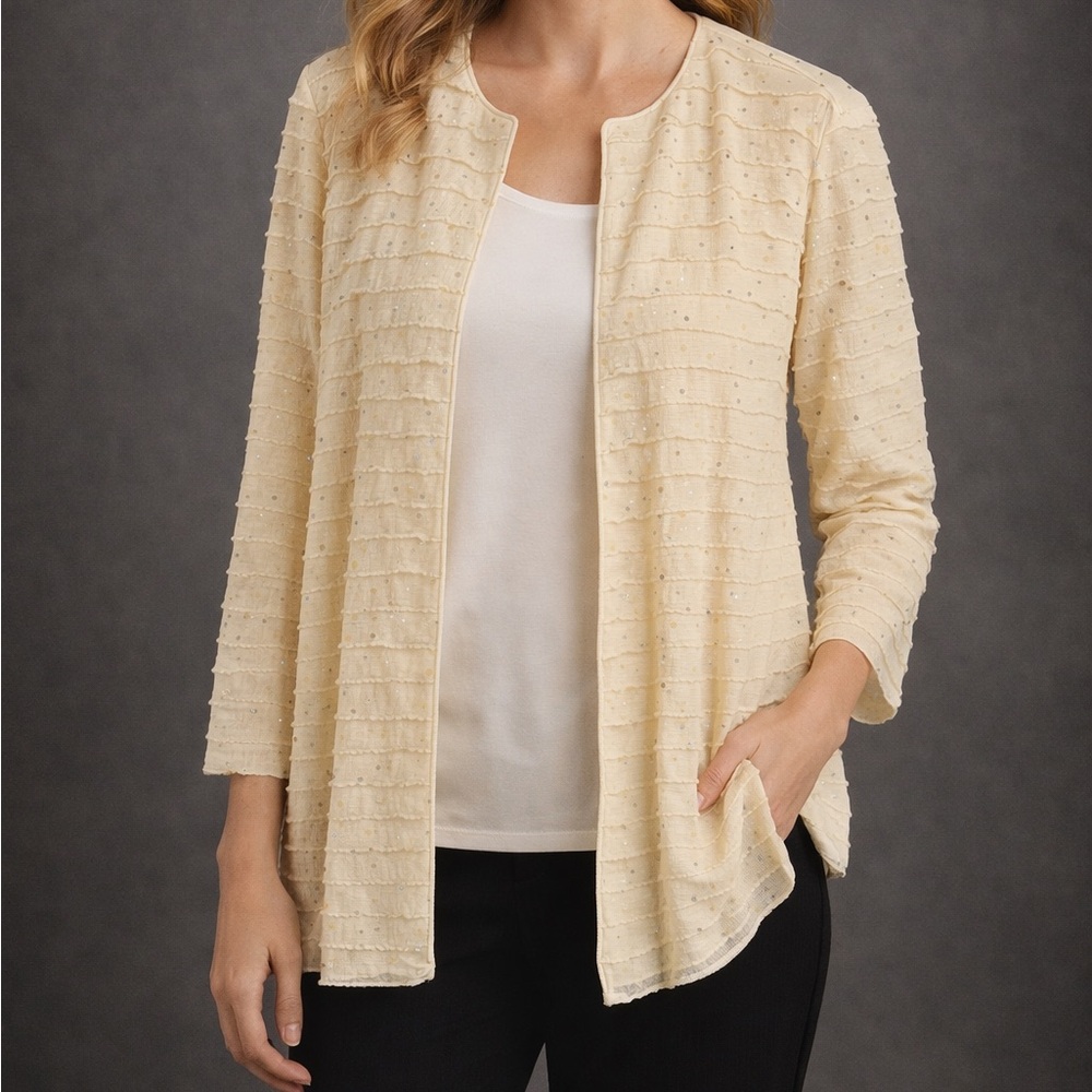 Sequin Textured Cream Open Front Cardigan Lightweight Neutral Layer - Picture 2 of 7